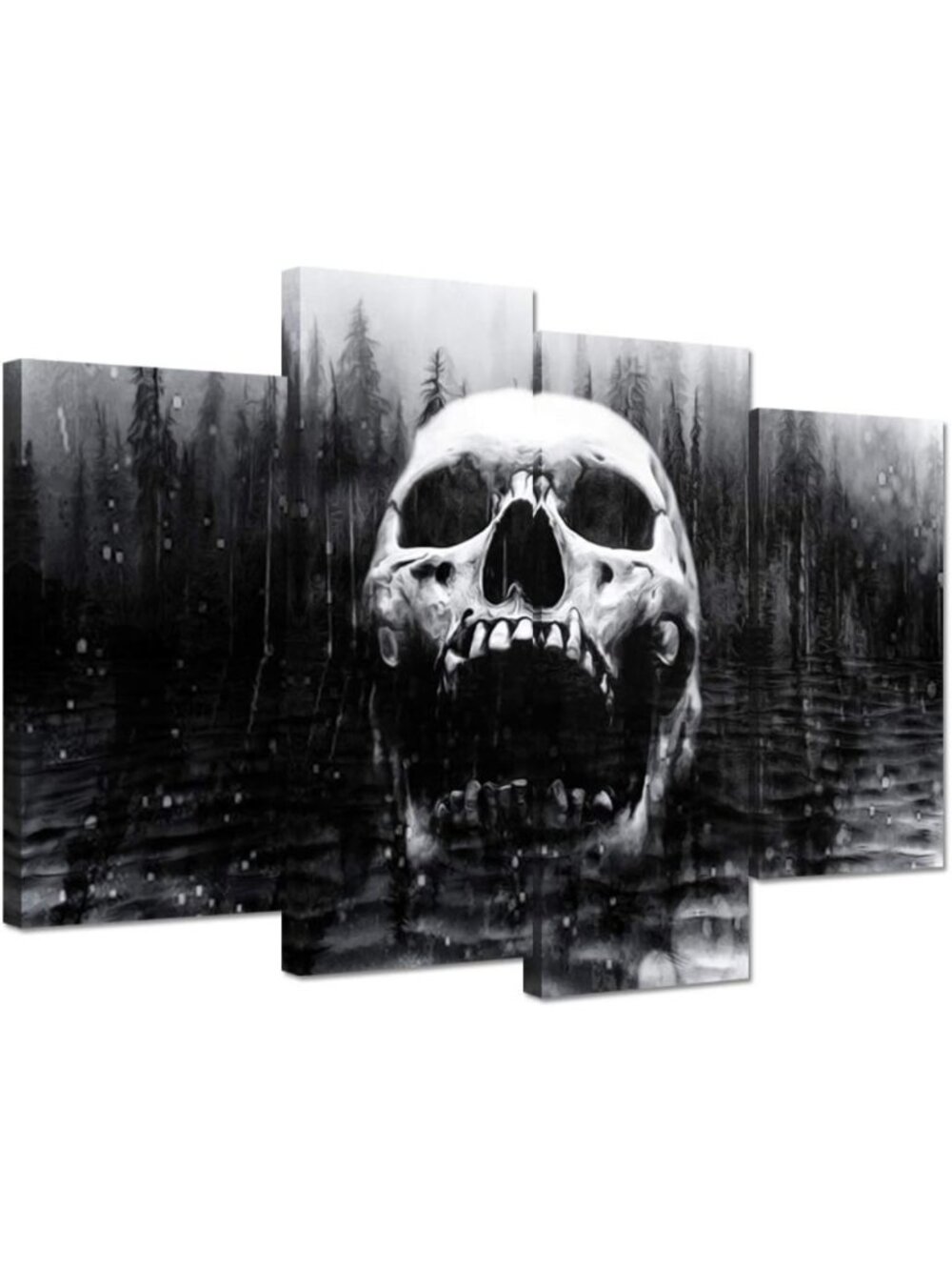 Large 4-Panel Halloween Skull Art Print - Dark Foggy Lake Abstract Canvas Decor